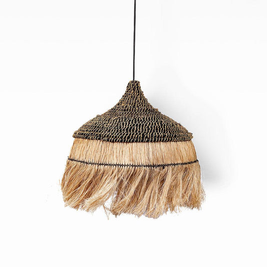 Pendant light with braided design on a white background
