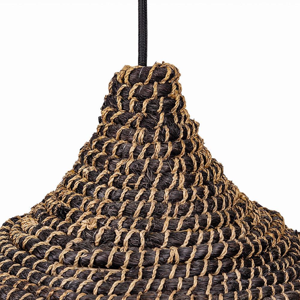Woven rope pendant light with a black cord on a white background