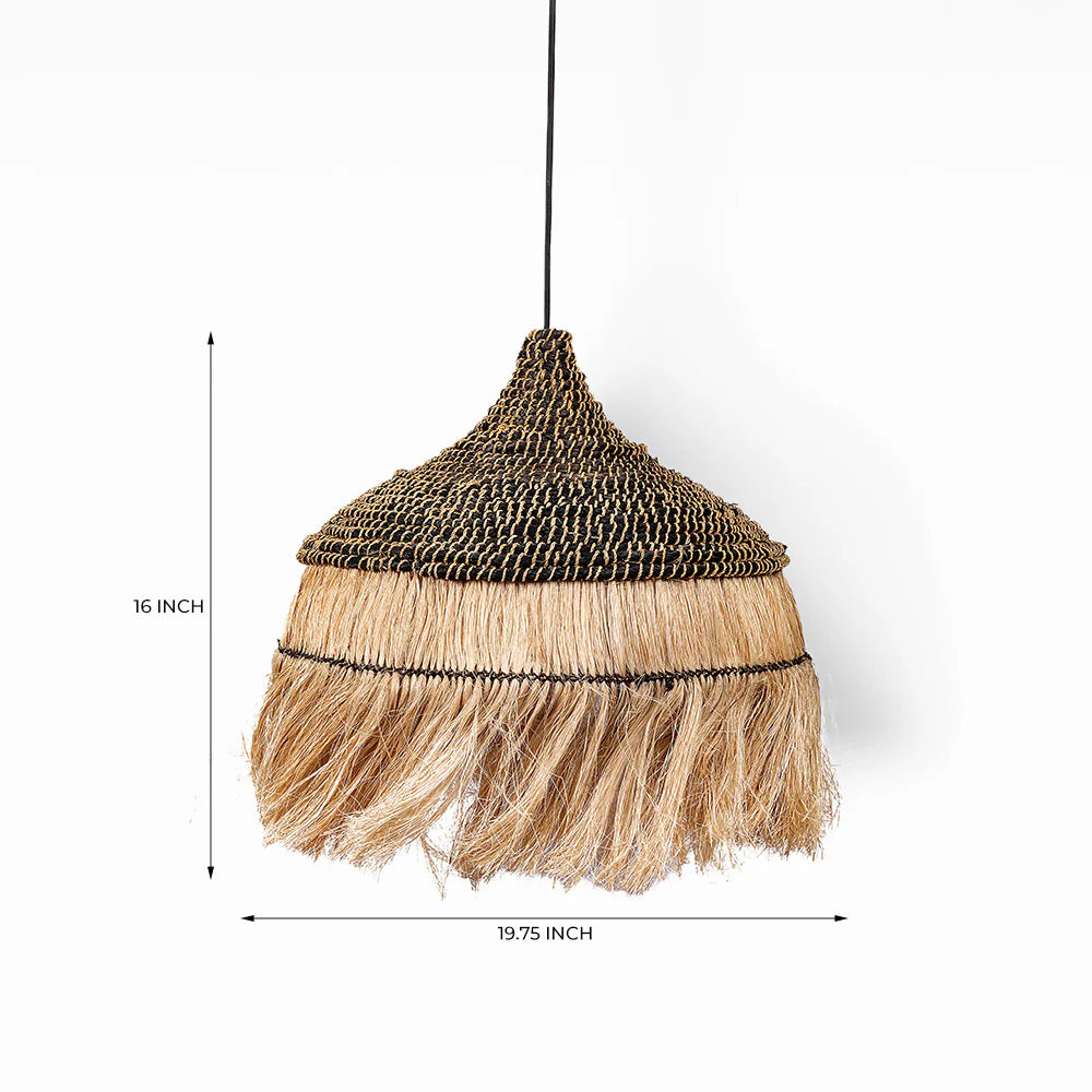 Woven pendant light with dimensions on a white background