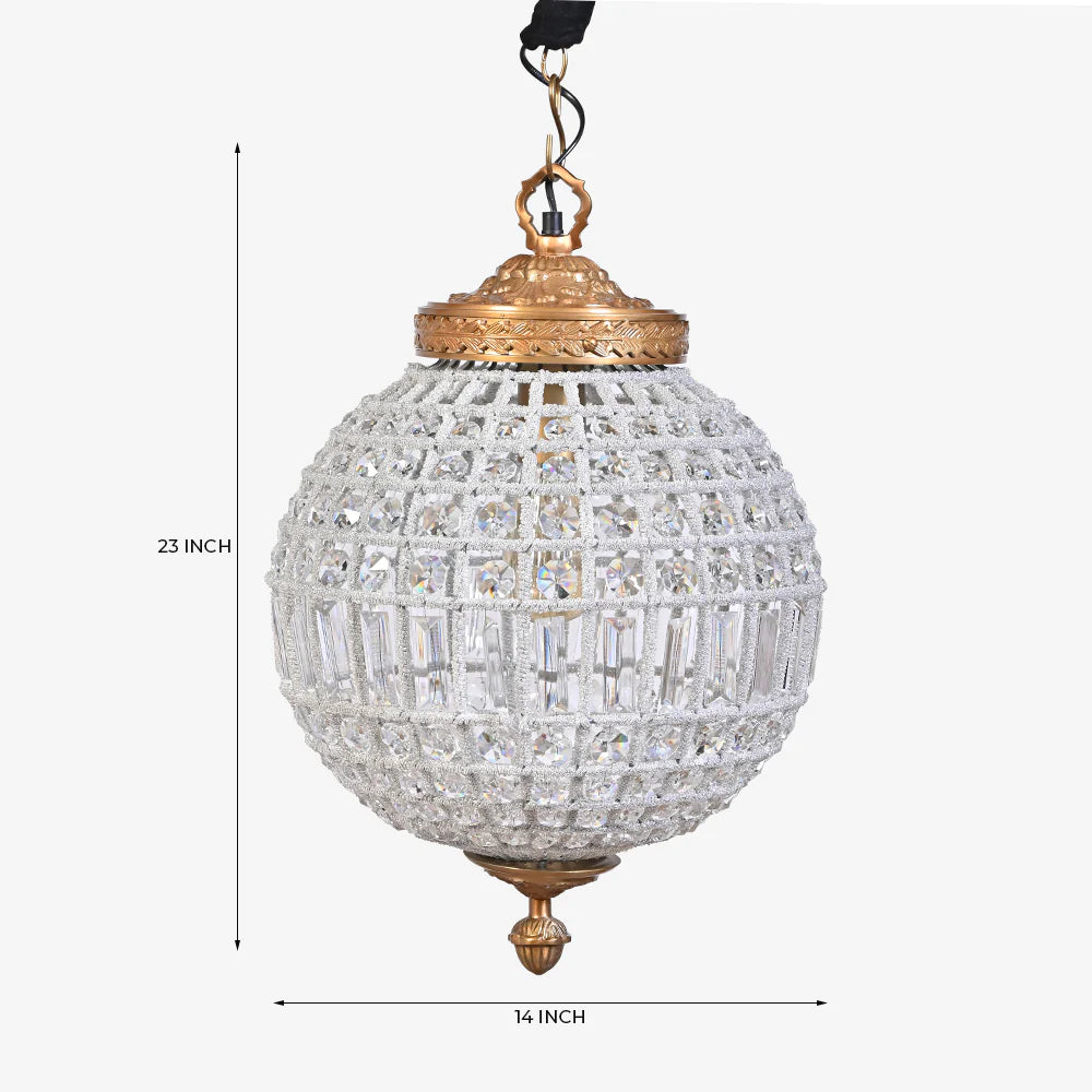 Crystal chandelier with gold accents and measurements on a white background