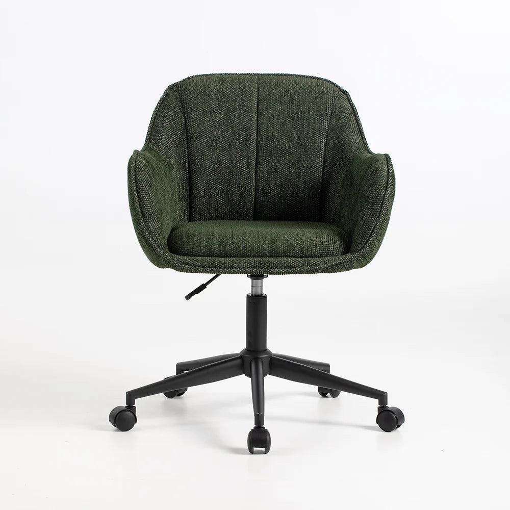A dark green upholstered office chair with a black five-star wheeled base, shown against a plain white studio background.