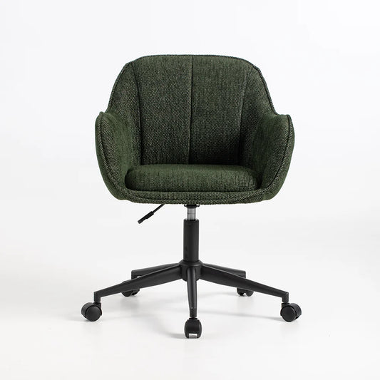 A dark green upholstered office chair with a black five-star wheeled base, shown against a plain white studio background.