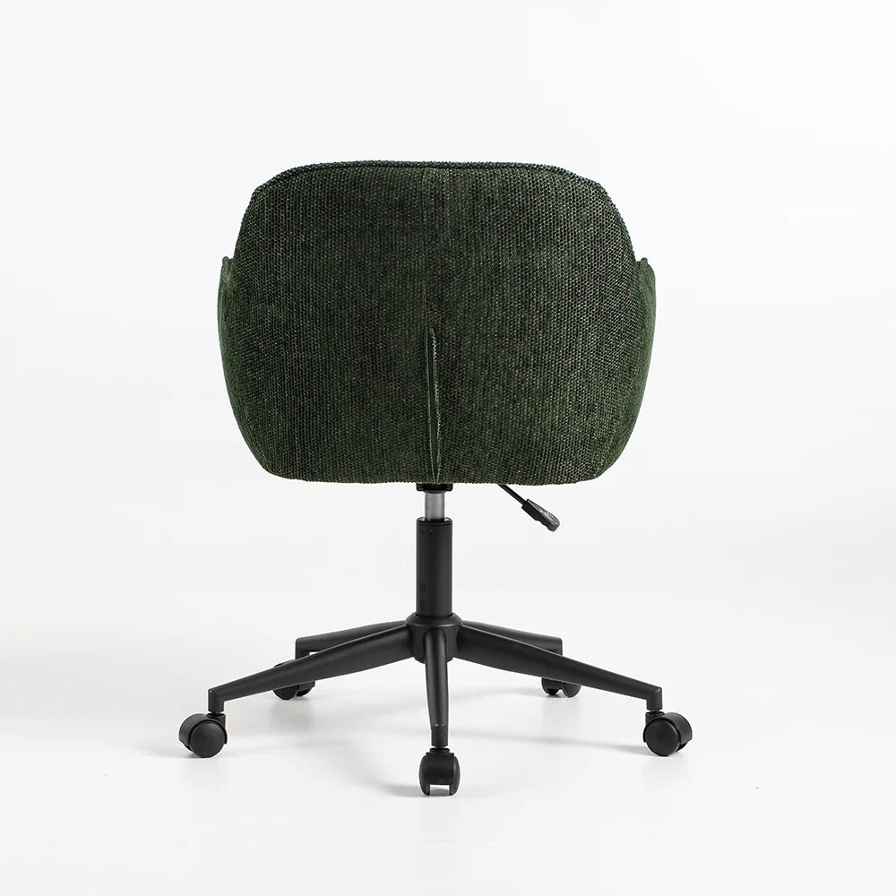 A dark green textured fabric office chair with a black five-star wheeled base, shown from the back against a plain white background.