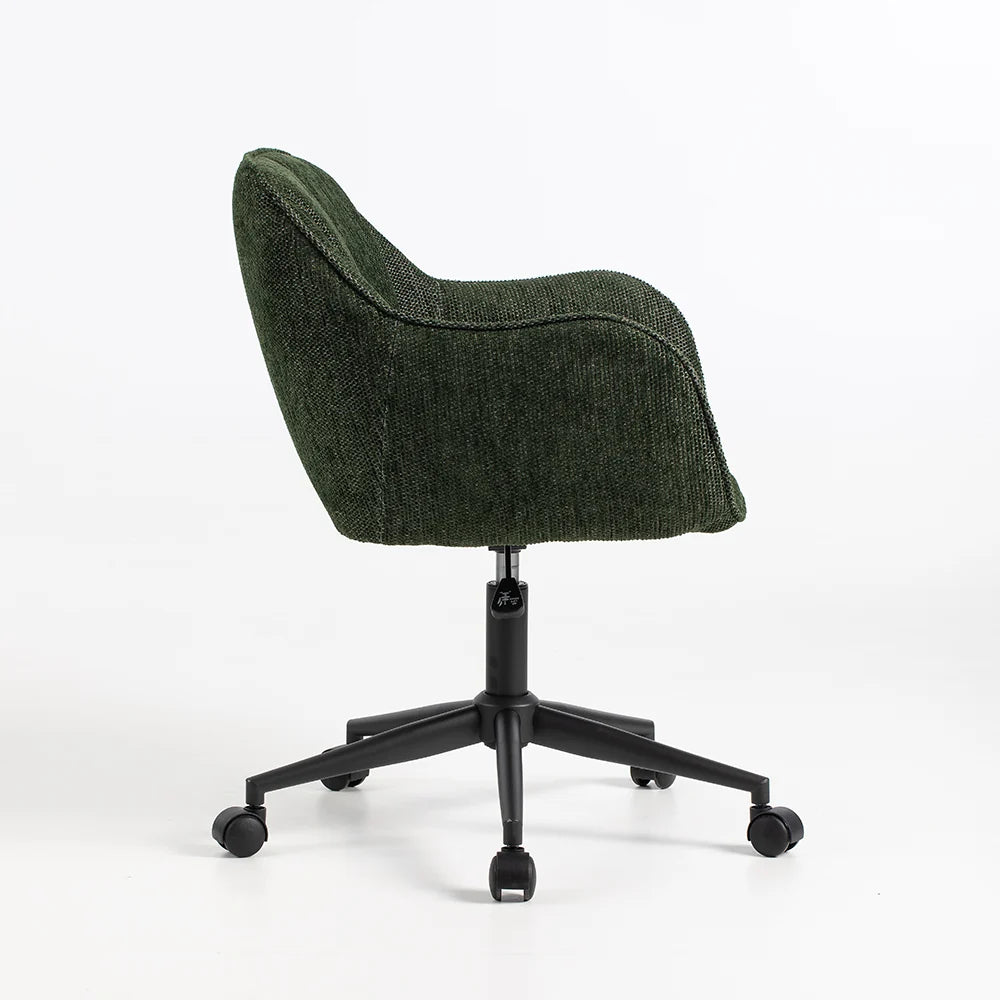 A modern office chair with a textured dark green upholstered seat and a black five-star wheeled base, shown from a rear three-quarter angle on a white studio background.