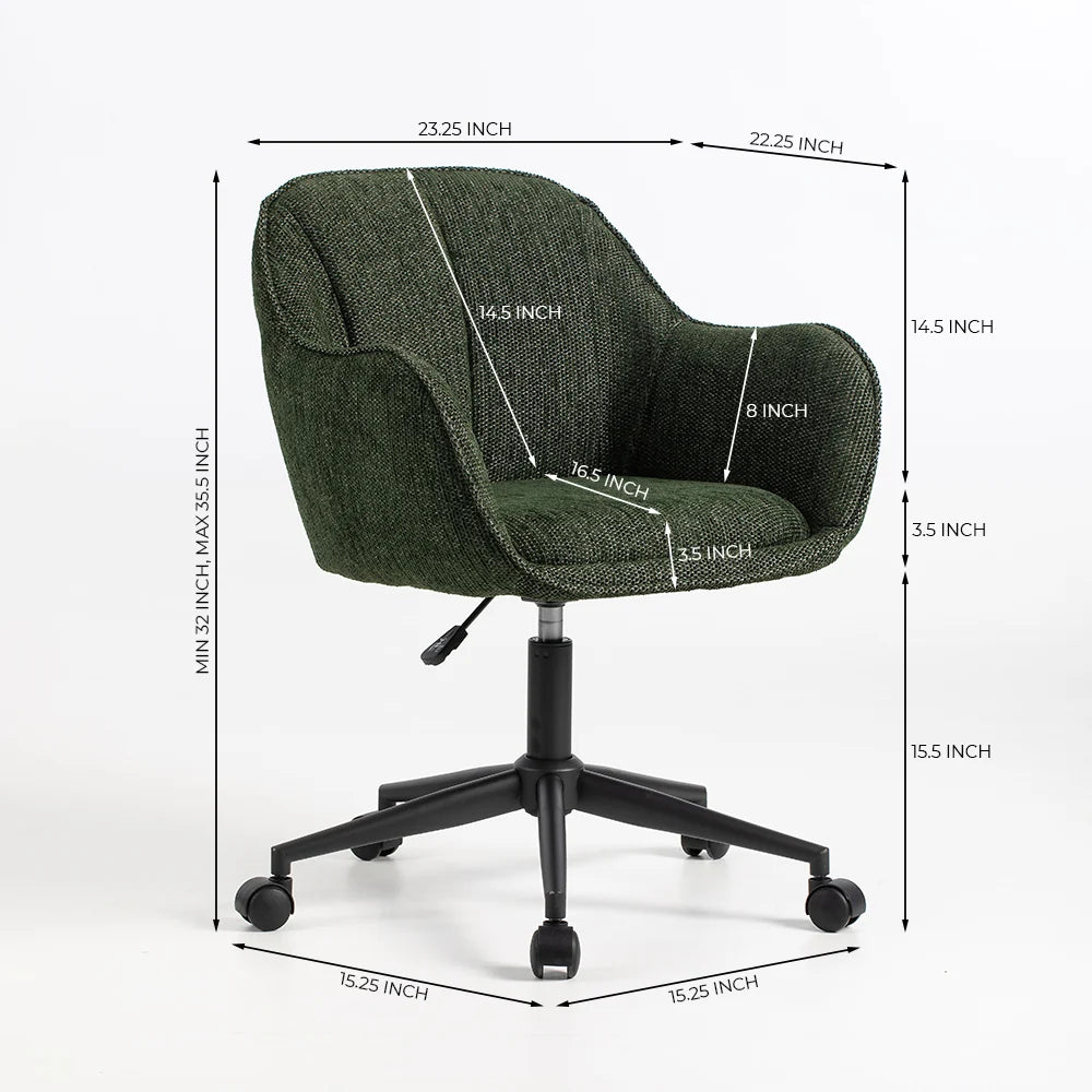 A modern upholstered office chair with a dark green textured fabric seat and backrest, supported by a black five-star swivel base with casters, shown against a plain white studio background.