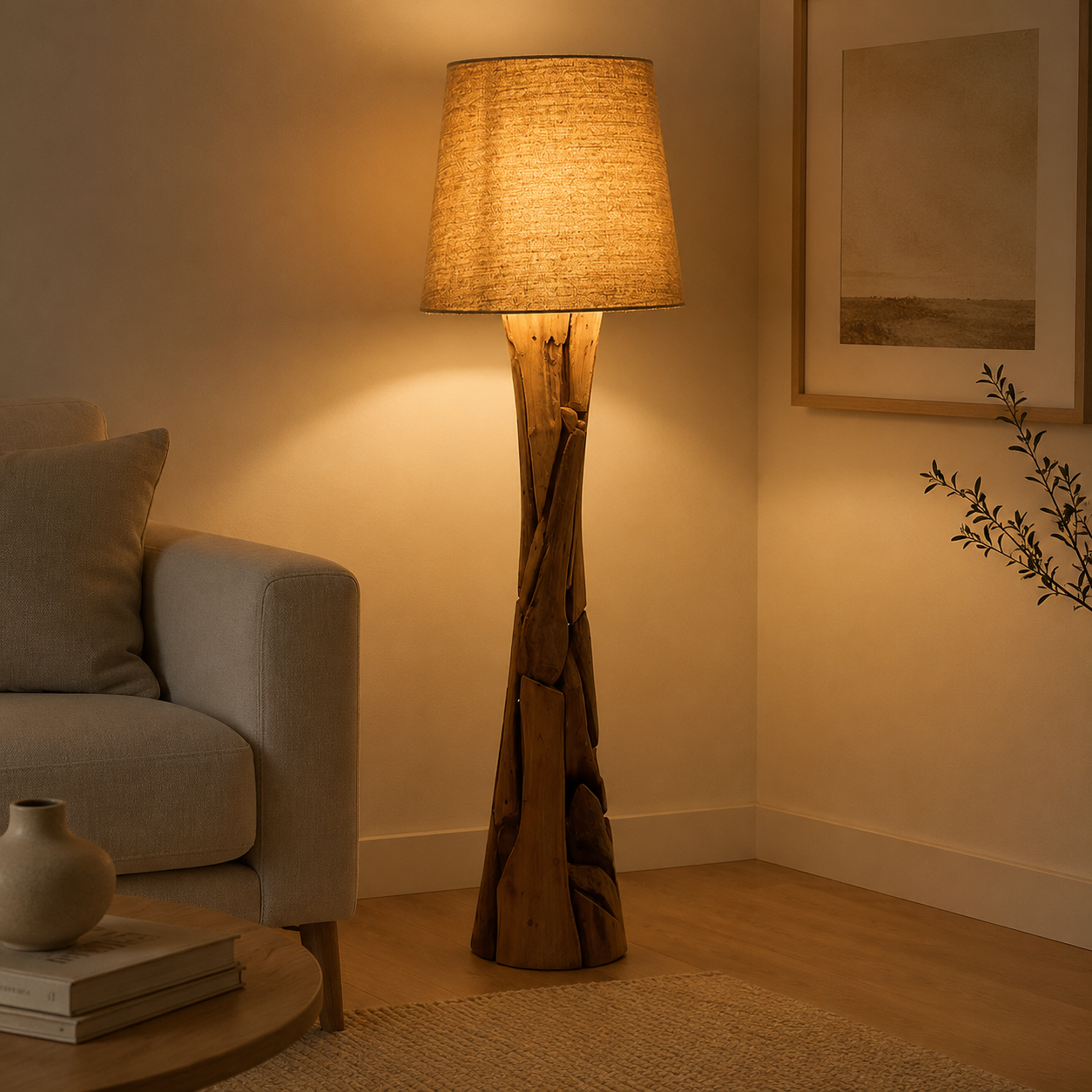Floor lamp with woven design in a cozy living room setting
