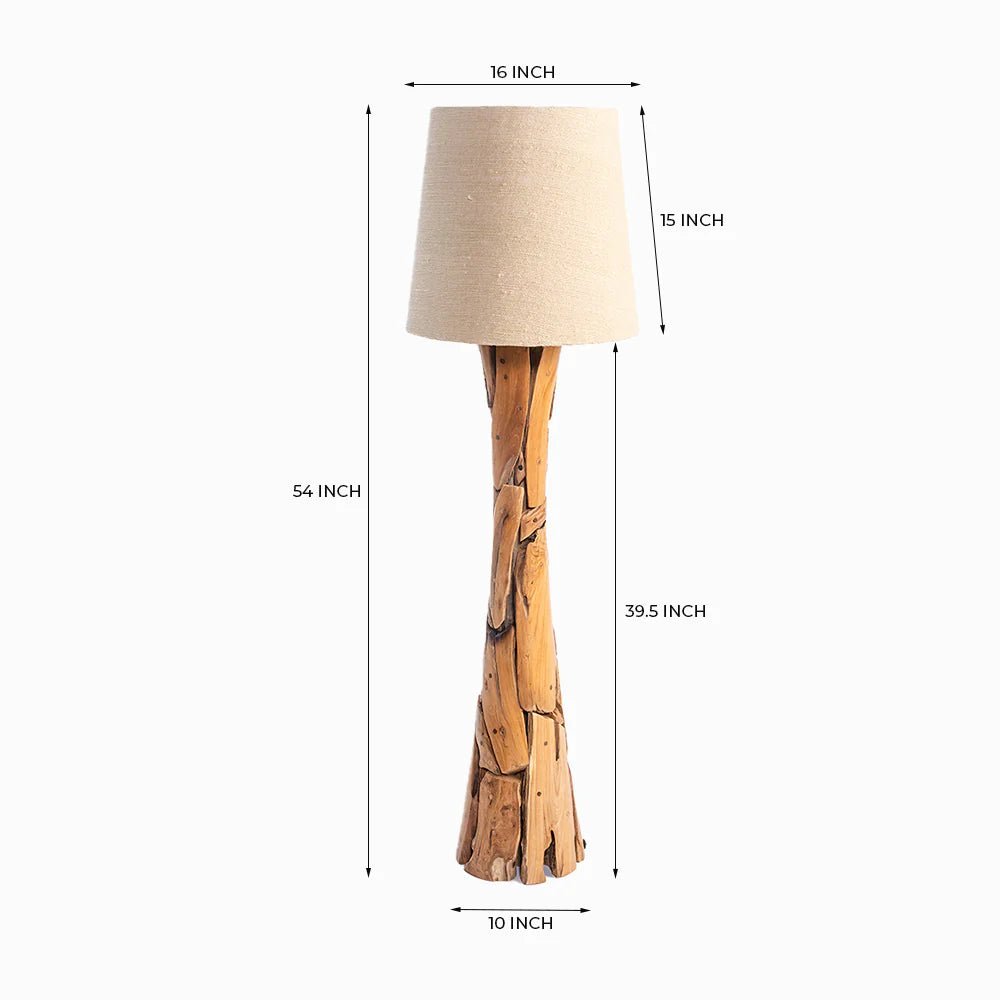 Wooden floor lamp with dimensions labeled on a white background