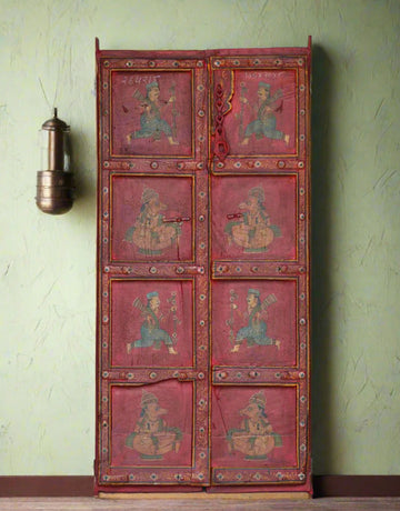 Discover the beauty of 'Painted Legacy door Panel' an exquisite handcrafted traditional door adorned with warrior motifs and intricate patterns.