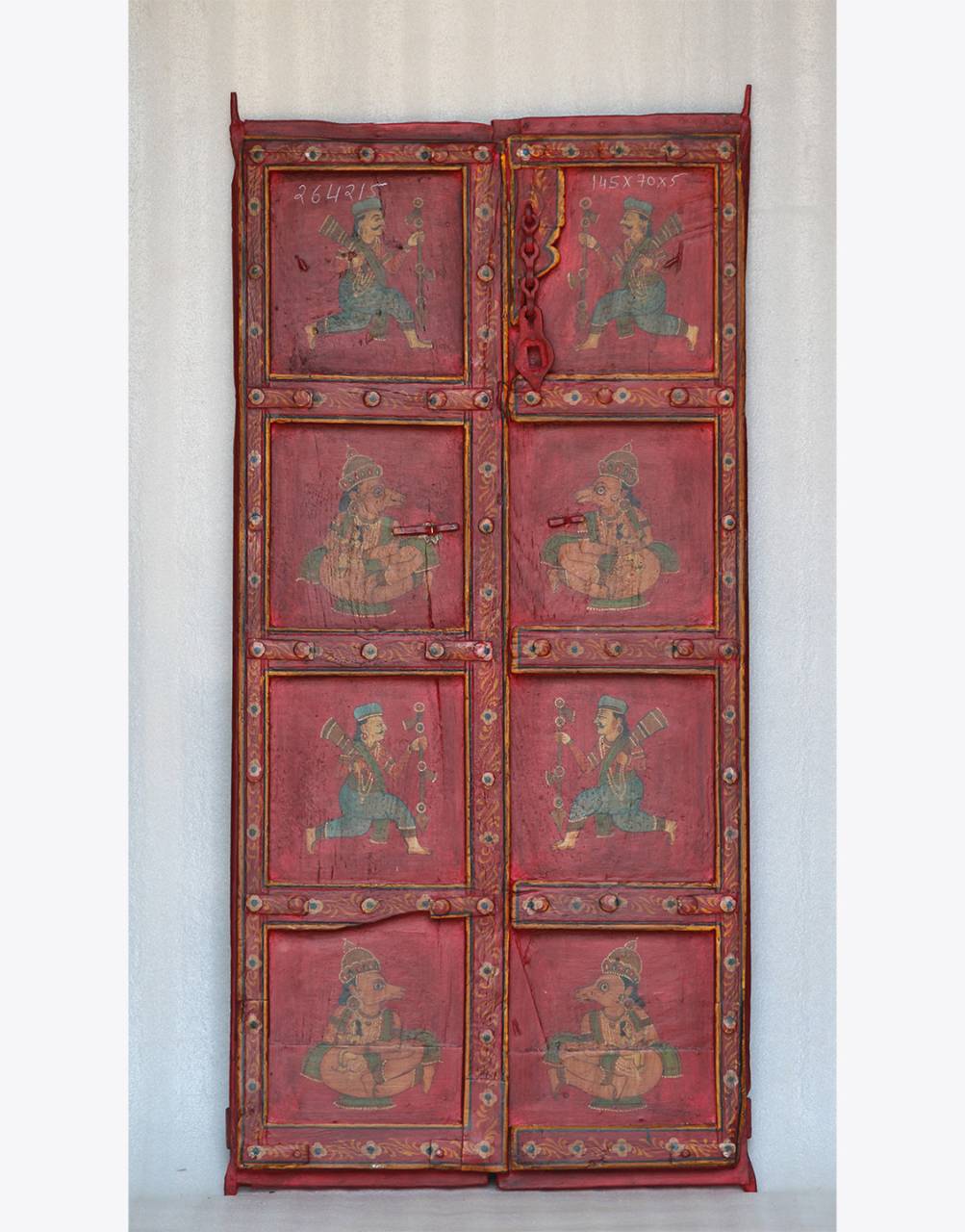 Discover the beauty of 'Painted Legacy door Panel' an exquisite handcrafted traditional door adorned with warrior motifs and intricate patterns.