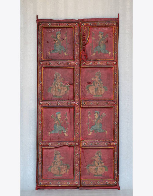 Discover the beauty of 'Painted Legacy door Panel' an exquisite handcrafted traditional door adorned with warrior motifs and intricate patterns.