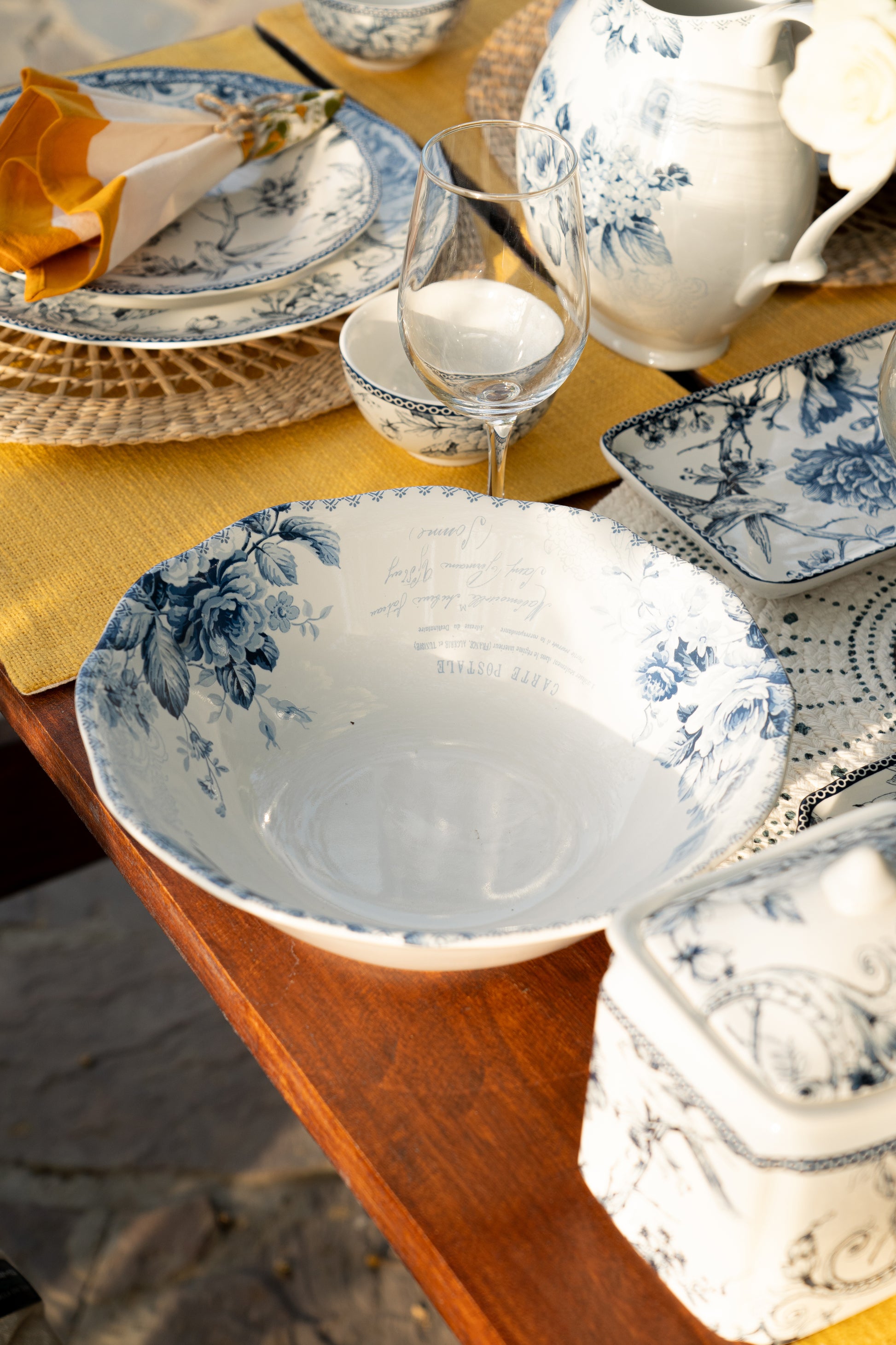 Arezzo collection Tuscany-inspired dining Alfresco dining experience Countryside living inspiration Bird, tree, flower motifs Elegance in dining White pasta bowl Blue flower print bowl High-quality porcelain bowl Durable and classic charm Blue floral design Pasta serving bowl Salad serving bowl Soup serving bowl,tesu