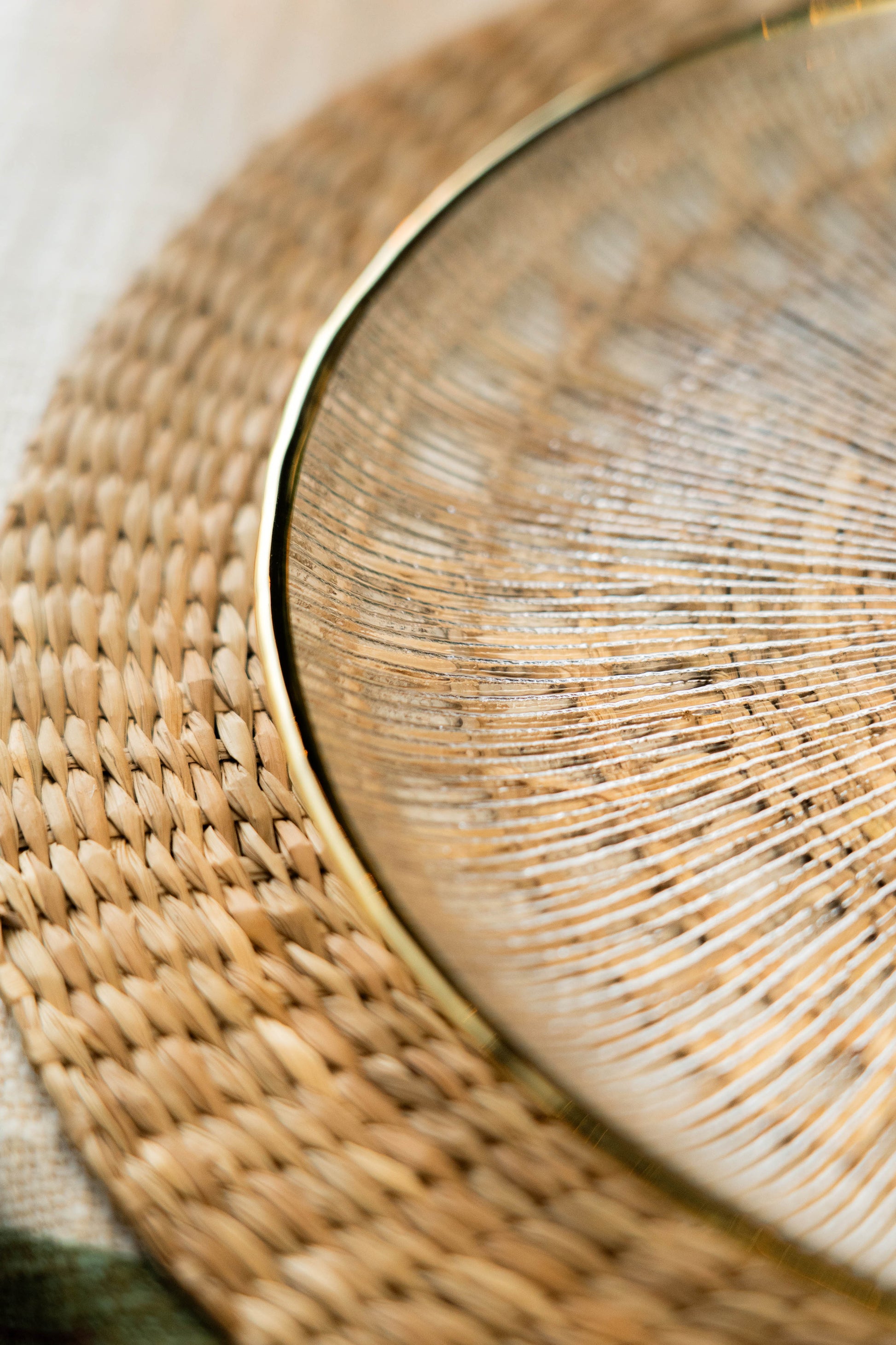 Close-up of a woven placemat with a blurred background