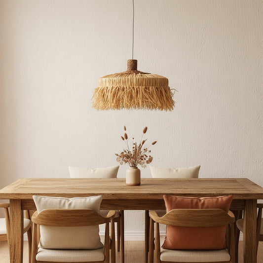 Woven wall-mounted lamp with fringes on a beige wall.
