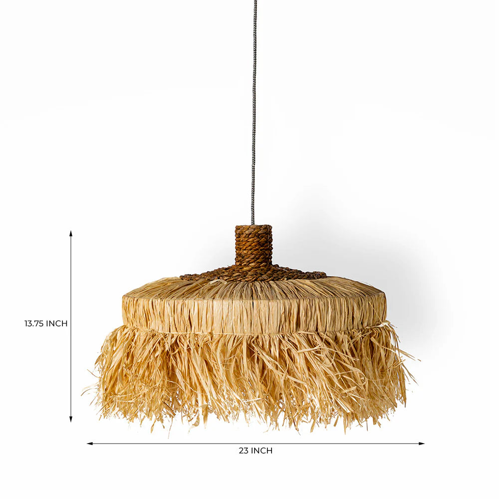 Rattan pendant light with dimensions on a white background