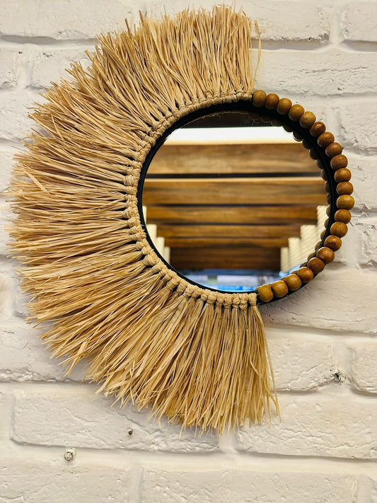  Artisanal Raffia Wall Mirror, Artistic Beaded Mirror Design, Beaded Raffia Wall Décor, Bohemian Wall Mirror, Bohemian-Inspired Mirror, Boho Style Wall Mirror, Handcrafted Raffia Mirror, Handmade Bead and Raffia Mirror, Natural Element Wall Décor, Textured Raffia Mirror, tesu