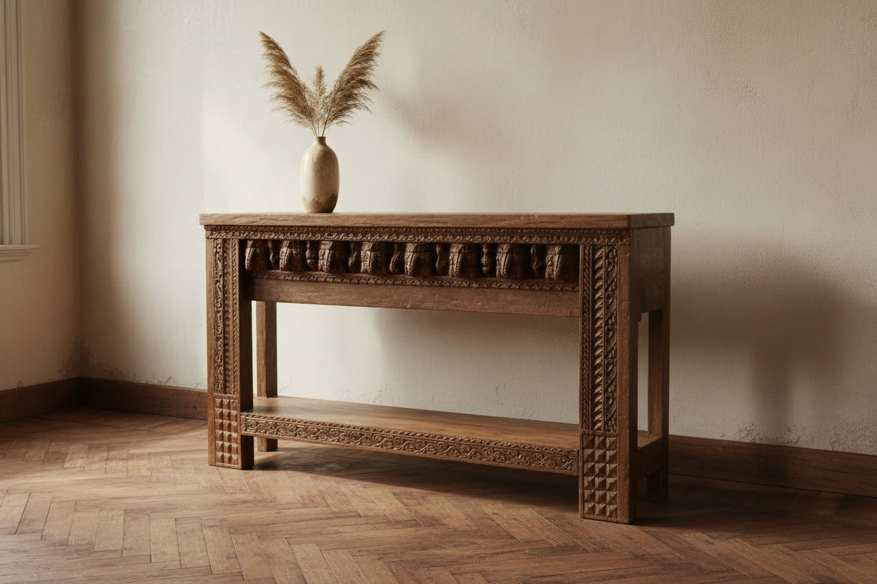 Rajputana Hand-Carved Console Table crafted from solid wood with intricate traditional Indian carvings