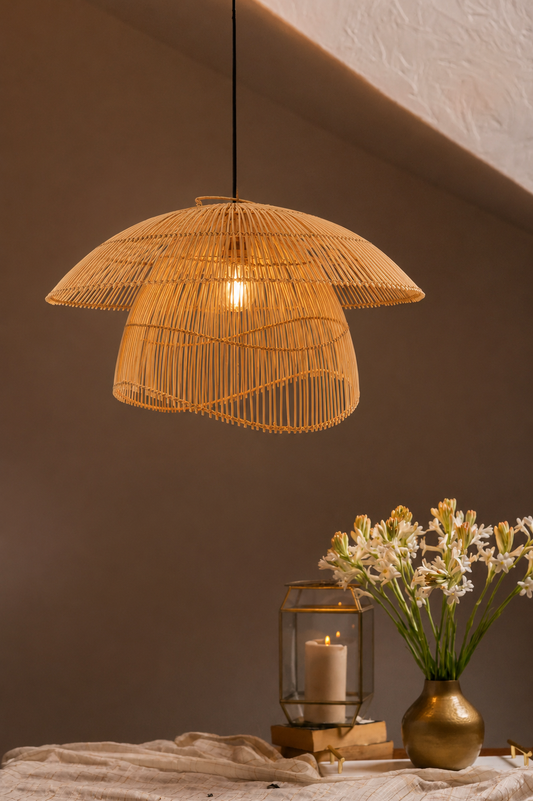 A woven rattan pendant light with a warm glowing bulb inside, hanging in a styled room setting above a table with a candle, flowers, and a gold vase against a dark brown wall.
