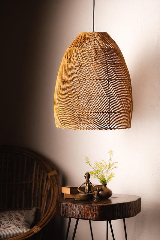 Rattan Pendant Drop Shaped Lampshade. A beautifully handcrafted rattan pendant that looks amazing in a bedroom, child's room, living space or covered patio . It is expertly crafted and hand finished to perfection ensuring quality. This rattan pendant light is a great way to add bohemian charm and warmth to your home and is perfectly adaptable to any ceiling height from your bedroom TESU