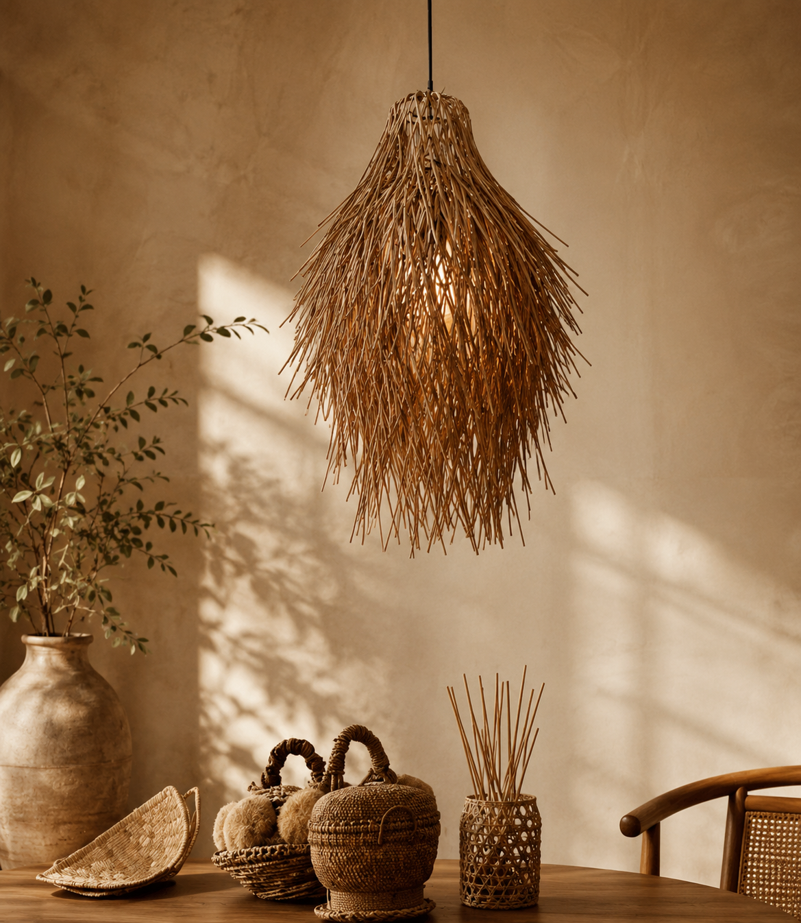 A bohemian-style pendant light made of natural woven reed or straw hangs over a wooden table in a warm, sunlit room. 