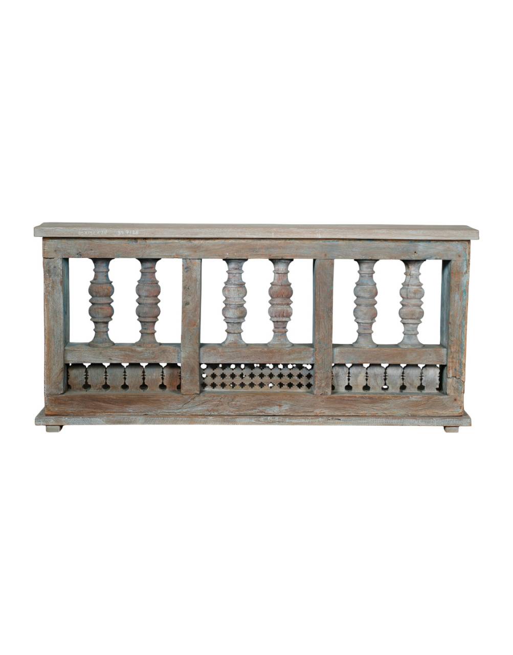 A rustic wooden decorative bench with a weathered gray and brown finish, featuring turned balusters and a slatted lower panel, shown against a plain white background.