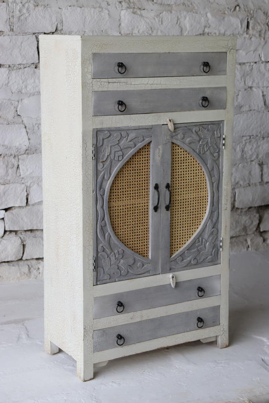  handcrafted from solid mango wood and detailed with intricately carved accents and natural cane inlay. 