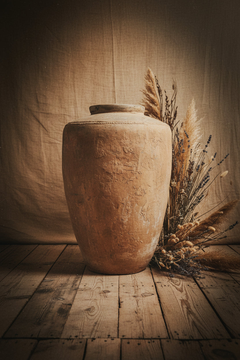 Rustic clay matka with traditional handcrafted earthen finish, ideal for natural water cooling, kitchen décor, and authentic Indian home styling.