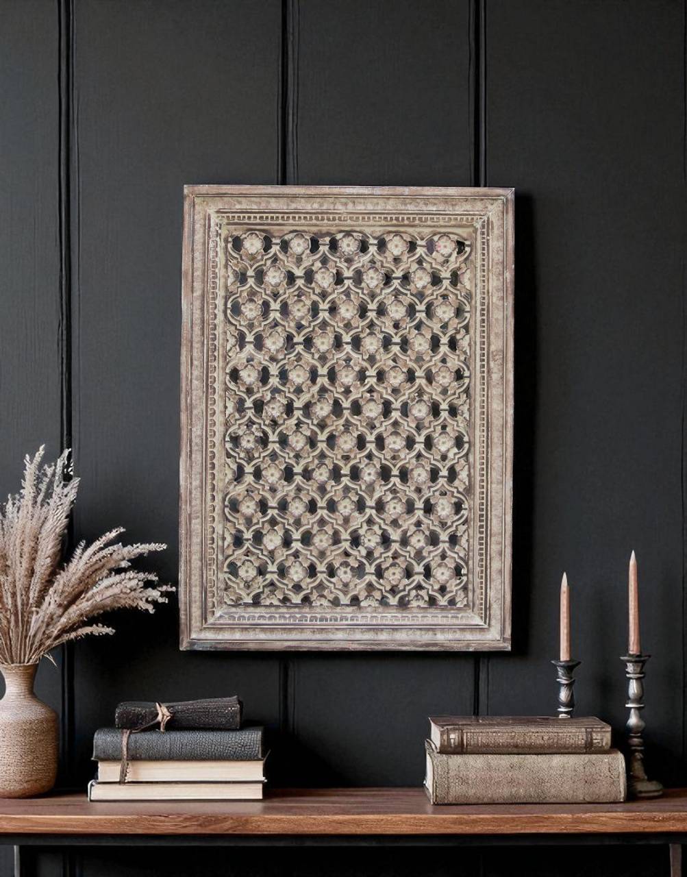 Bring timeless charm and artisanal elegance to your space with the Saanjh Mango Jali — a beautifully handcrafted wooden panel inspired by traditional Indian jaali (lattice) designs. 