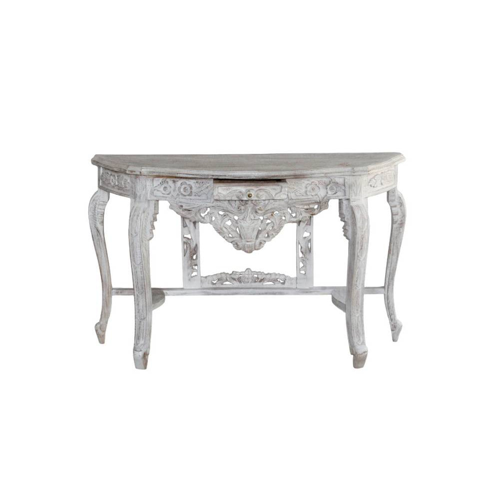 A distressed white carved console table with a single drawer and cabriole-style legs, shown against a plain white background.