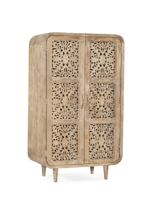 Handcrafted from solid mango wood, this elegant piece showcases intricately carved floral patterns across its twin doors