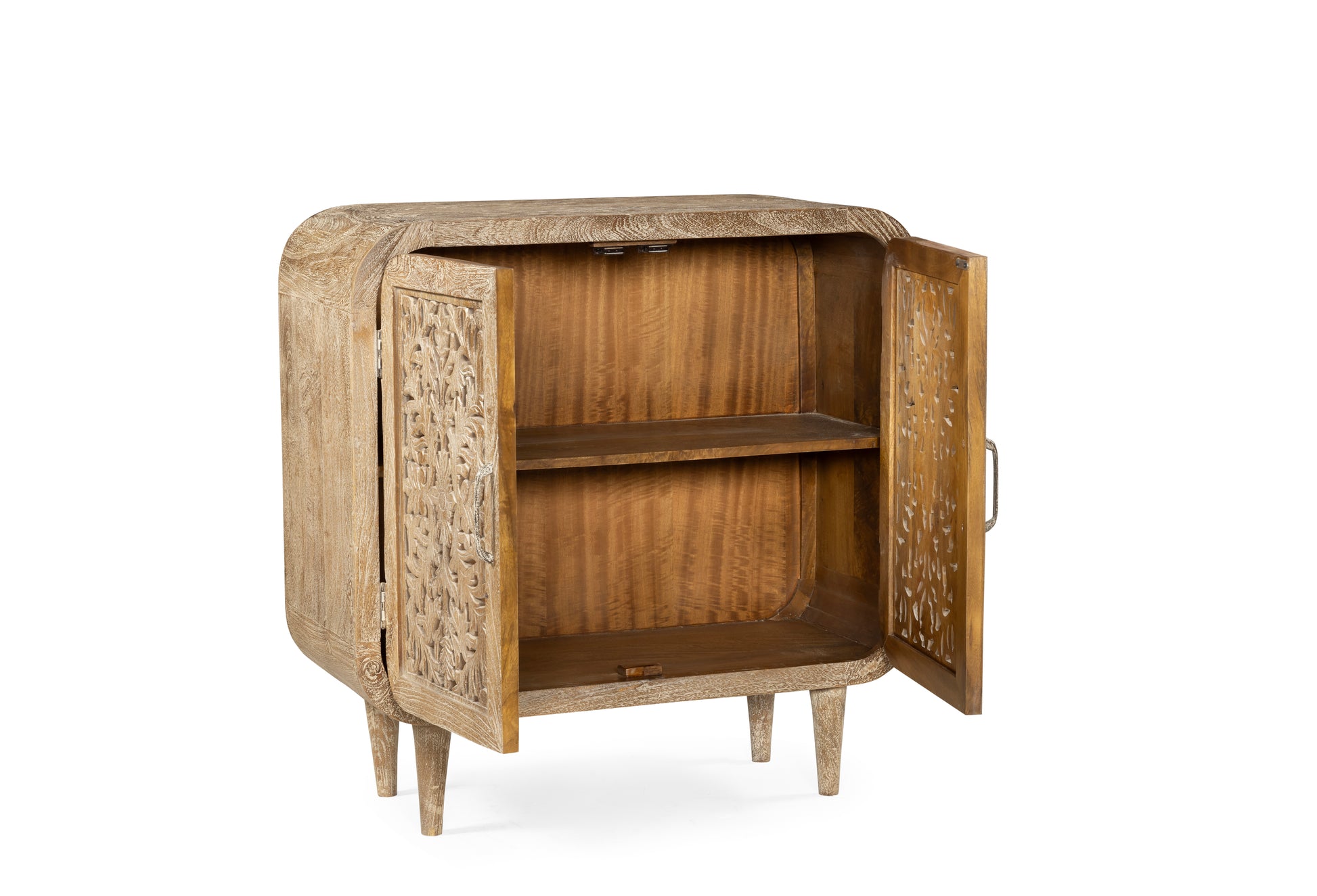  Crafted from durable mango wood and finished in a soft sandalwood hue, this two-door cabinet features intricate floral-inspired hand carving that adds depth and character. 