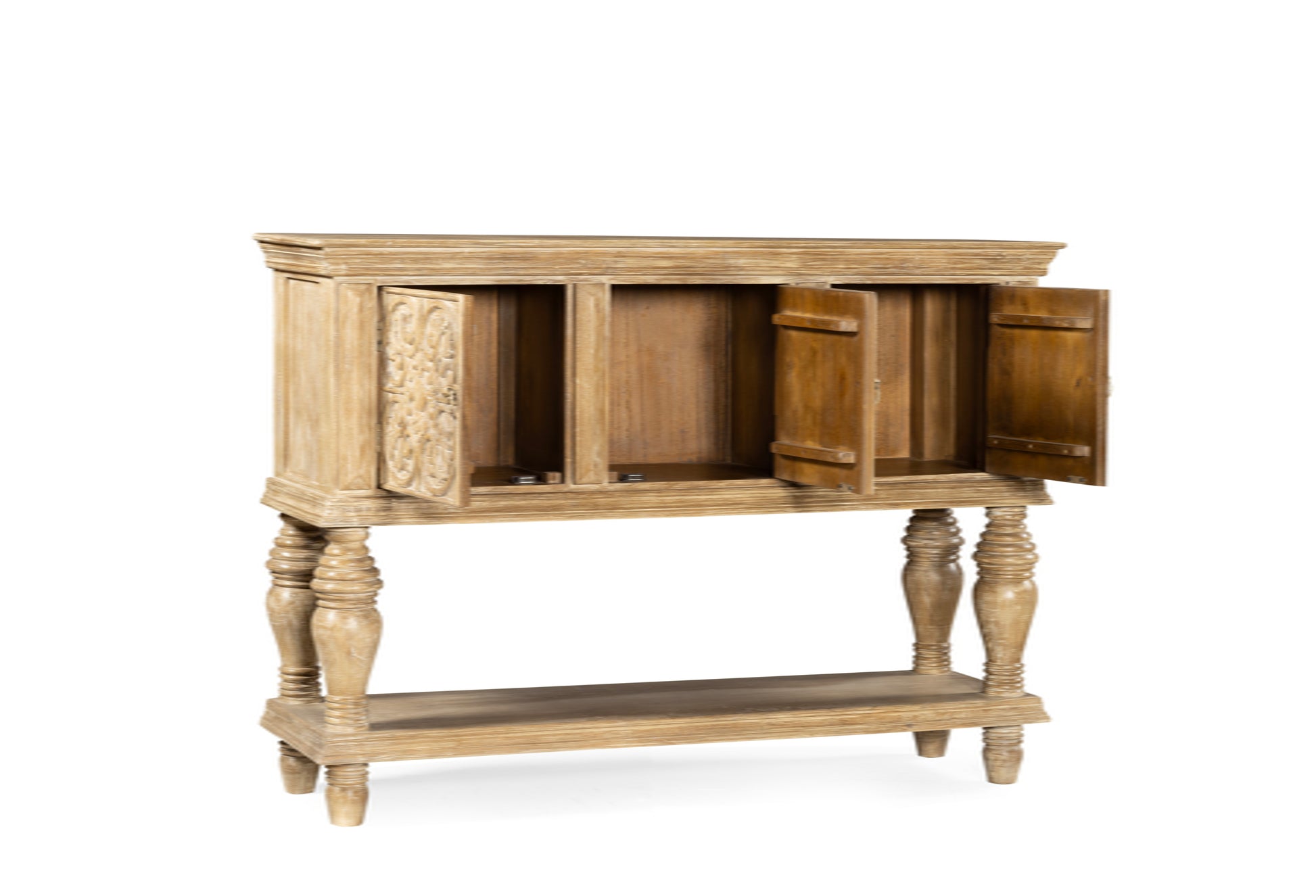  this console features intricately carved floral motifs that bloom across its front panels 