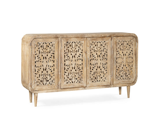 Handcrafted from solid mango wood, this exquisite piece features intricate floral-inspired carvings that echo the timeless beauty of blooming sandalwood forests.