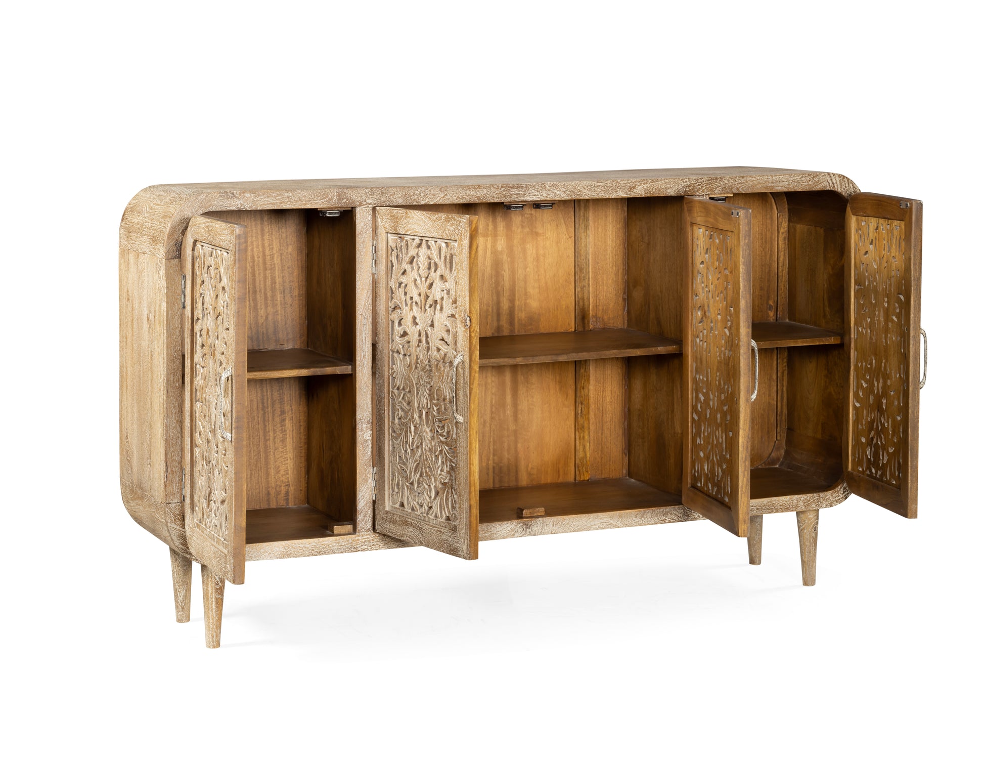 The natural finish enhances the unique grain of the wood, giving it a warm, earthy character that complements both modern and traditional interiors.