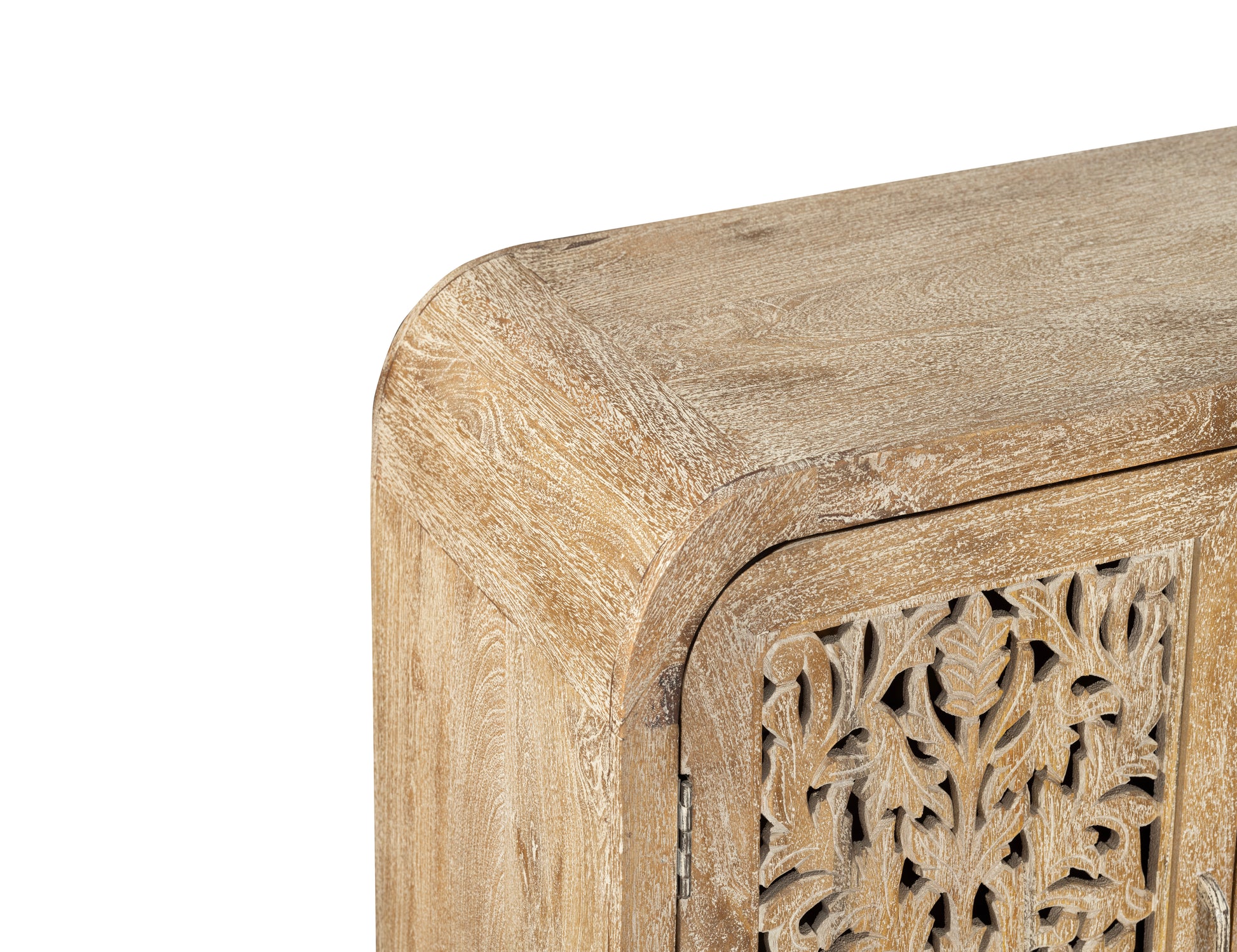 Wooden side table with intricate carvings on a white background