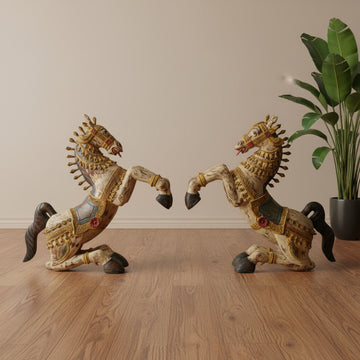 Royal Horse Sculpture crafted from wood, featuring intricate hand-painted details, vibrant traditional motifs, and elegant craftsmanship inspired by royal Indian heritage.