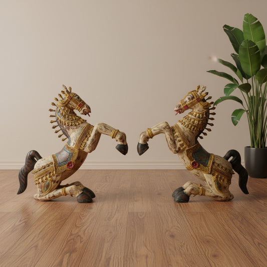 Royal Horse Sculpture crafted from wood, featuring intricate hand-painted details, vibrant traditional motifs, and elegant craftsmanship inspired by royal Indian heritage.