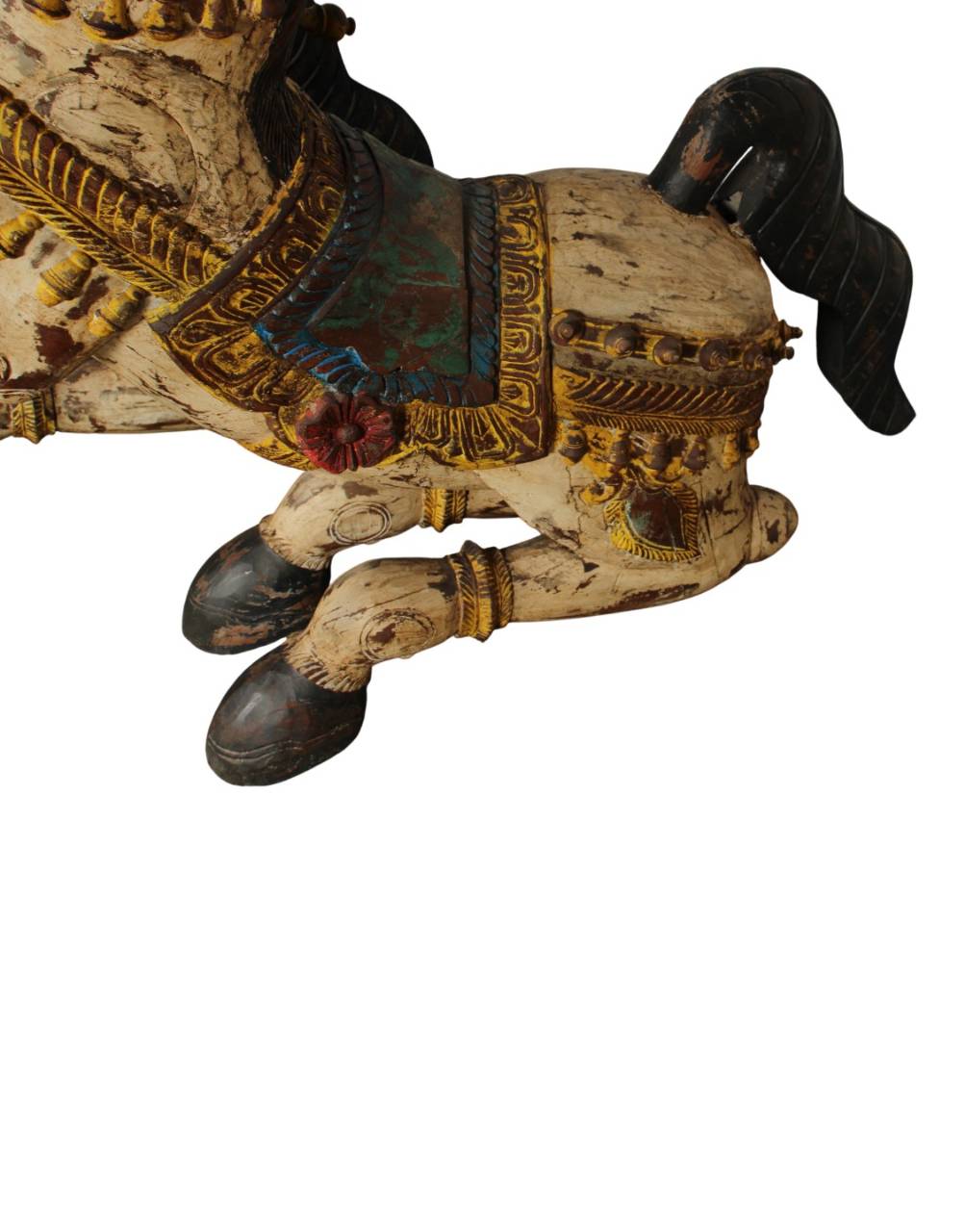 Royal Horse Sculpture crafted from wood, featuring intricate hand-painted details, vibrant traditional motifs, and elegant craftsmanship inspired by royal Indian heritage.