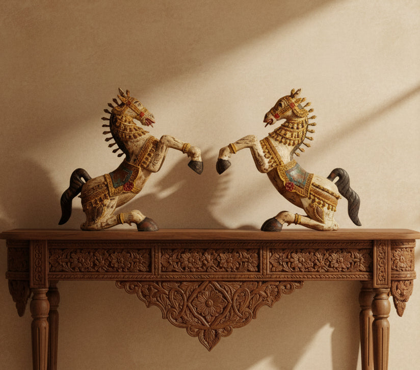 Royal Horse Sculpture crafted from wood, featuring intricate hand-painted details, vibrant traditional motifs, and elegant craftsmanship inspired by royal Indian heritage.
