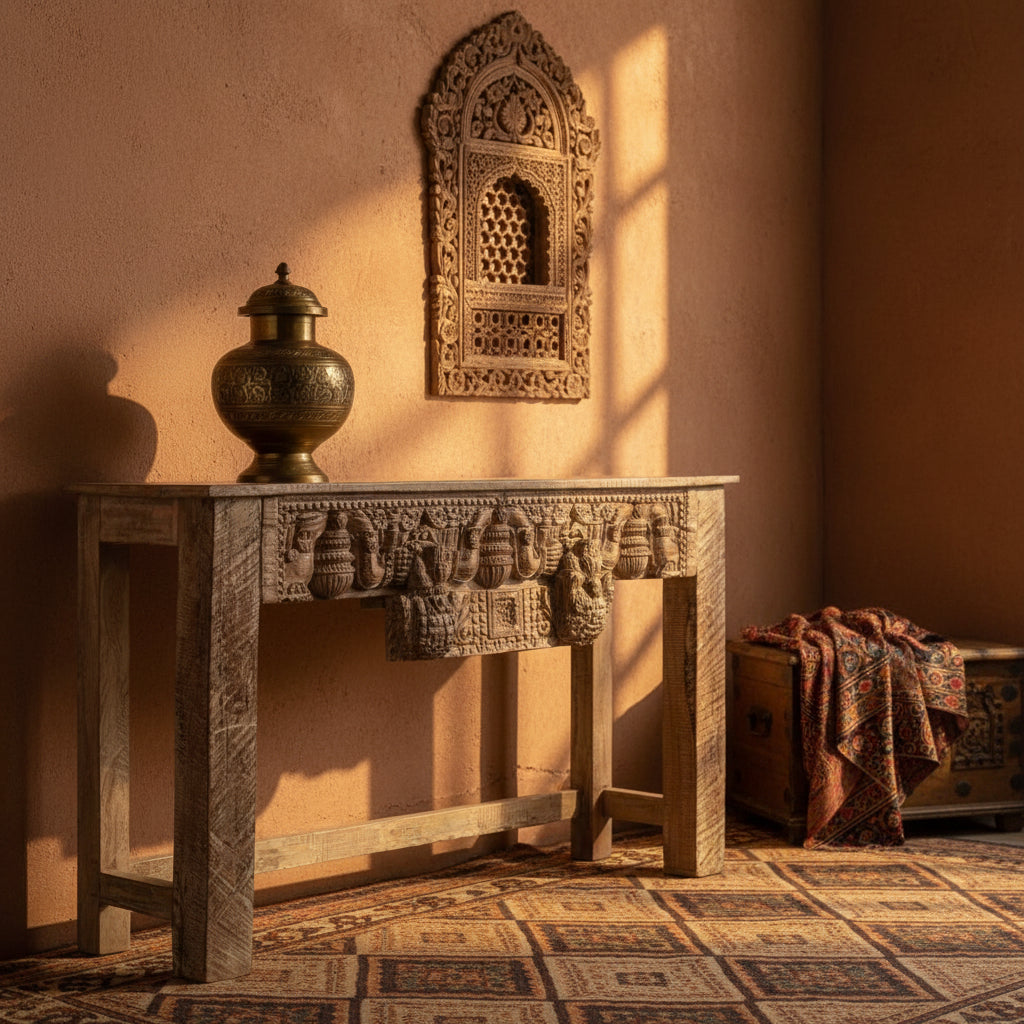Shahi Virasat hand-carved reclaimed wood console table with intricate elephant and traditional Indian carvings in a whitewashed finish.