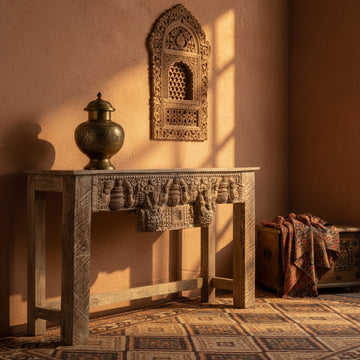 Shahi Virasat hand-carved reclaimed wood console table with intricate elephant and traditional Indian carvings in a whitewashed finish.