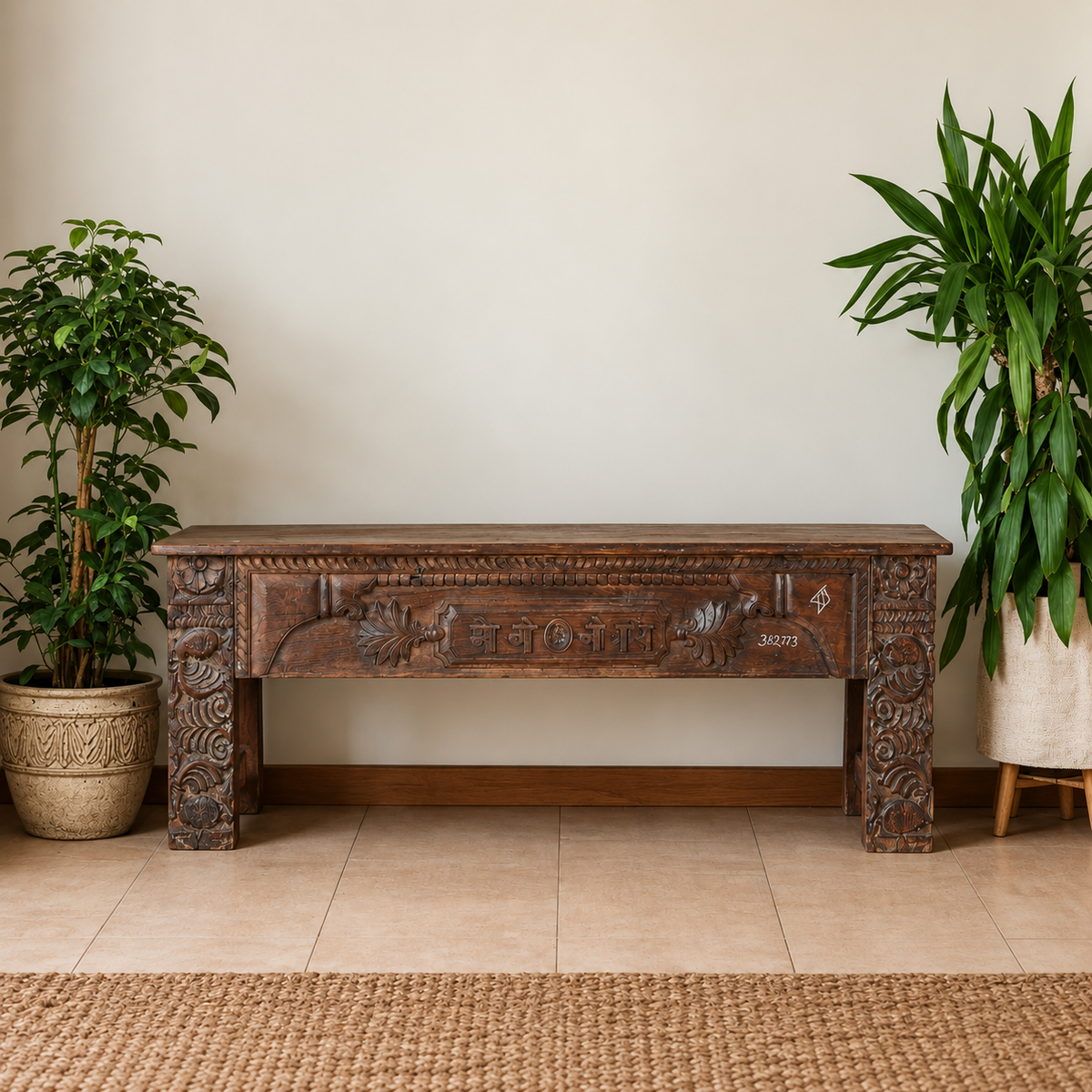 Its rich natural finish highlights the beauty of teak grain, while the handcrafted carvings make every piece a distinctive work of art.
