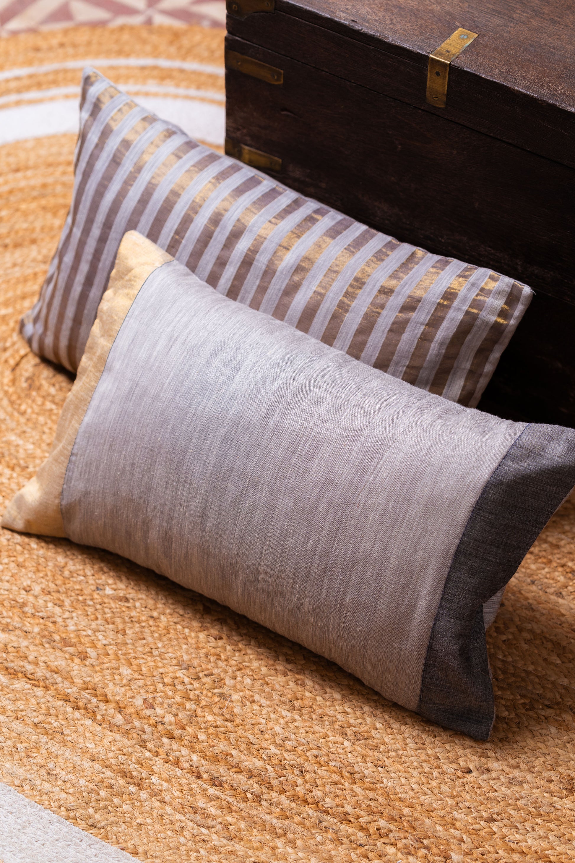 Slate and Gold Luxe Maheshwari Silk Cushion Covers - TESU