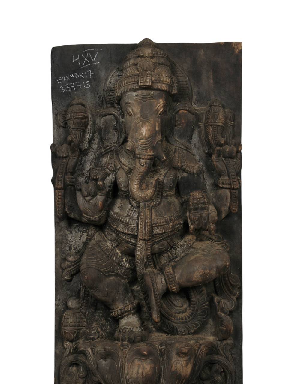 Expertly hand-carved from recycled wood, this majestic panel features two regal depictions of Lord Ganesha, seated in classical poses, adorned with detailed ornaments and sacred weapons, embodying strength, compassion, and spiritual power.