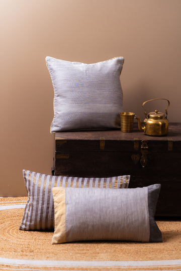 Slate and Gold Luxe Maheshwari Silk Cushion Covers - TESU