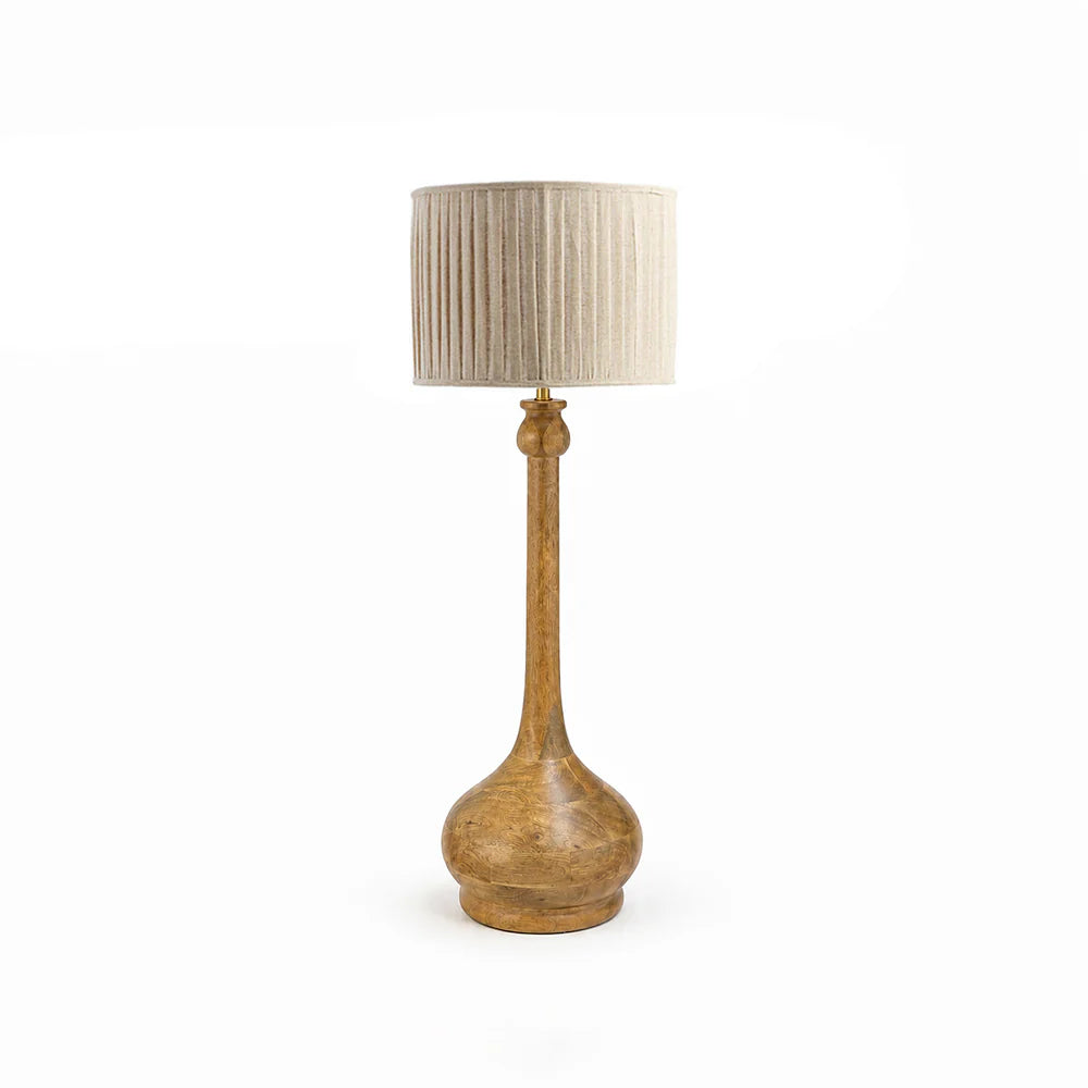 Table lamp with a wooden base and beige lampshade on a white background