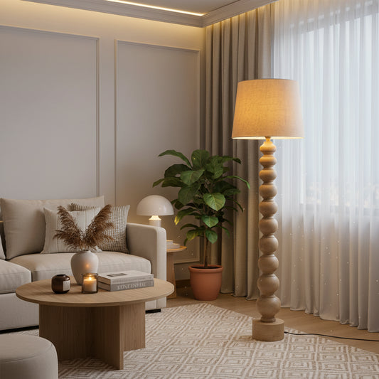 Sphere Wood Floor Lamp in natural wood finish featuring a handcrafted spherical shade and sturdy wooden stand, adding warm ambient lighting and organic charm to the living space.