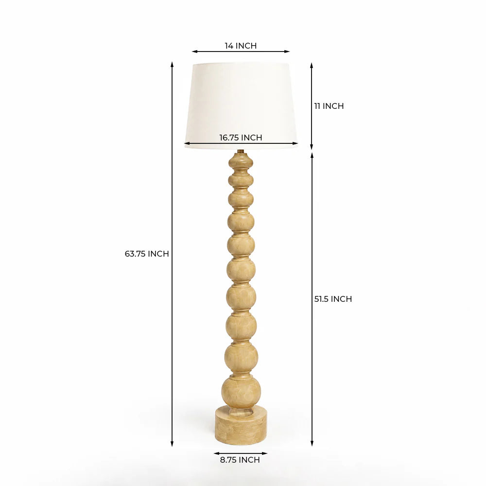 Wooden floor lamp with dimensions on a white background