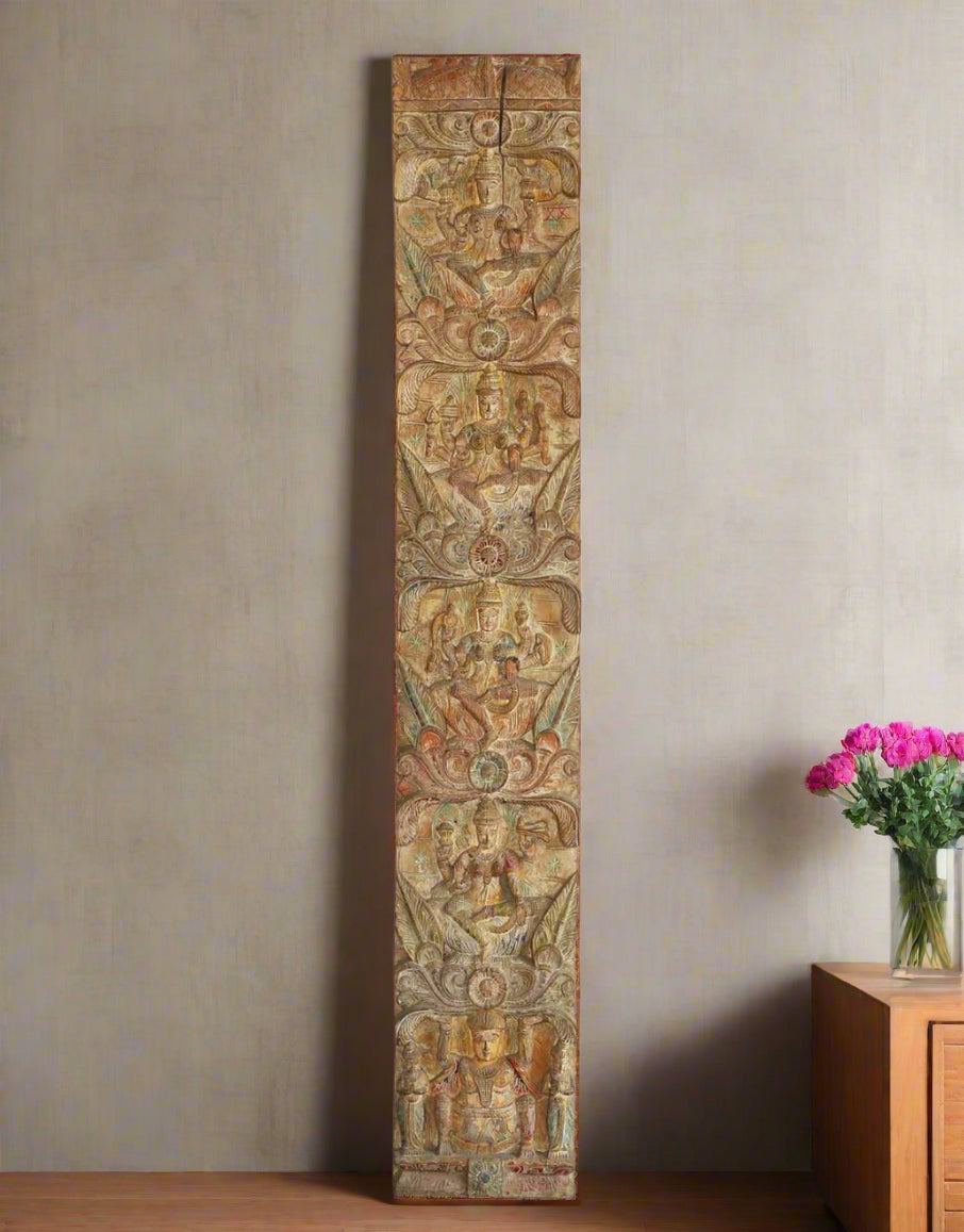 The soft earthy tones and subtle painted details enhance its antique charm, making it a perfect addition to meditation spaces, temple décor, or heritage interiors.