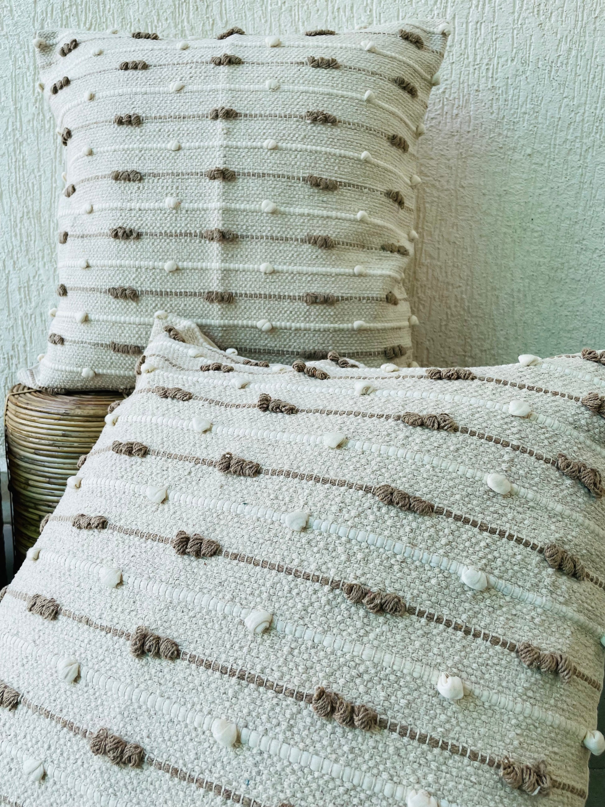 Bohemian  Natural Cotton Cushion Covers - Light Brown and White - TESU