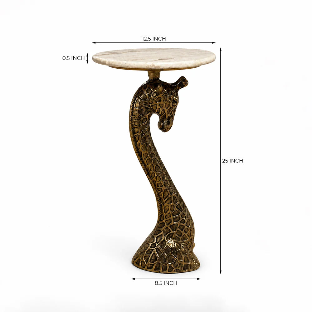 A giraffe-shaped side table with a round light beige stone top and a textured bronze-brown neck and base, shown on a white background with dimension labels indicating 12.5 inch width, 25 inch height, 8.
